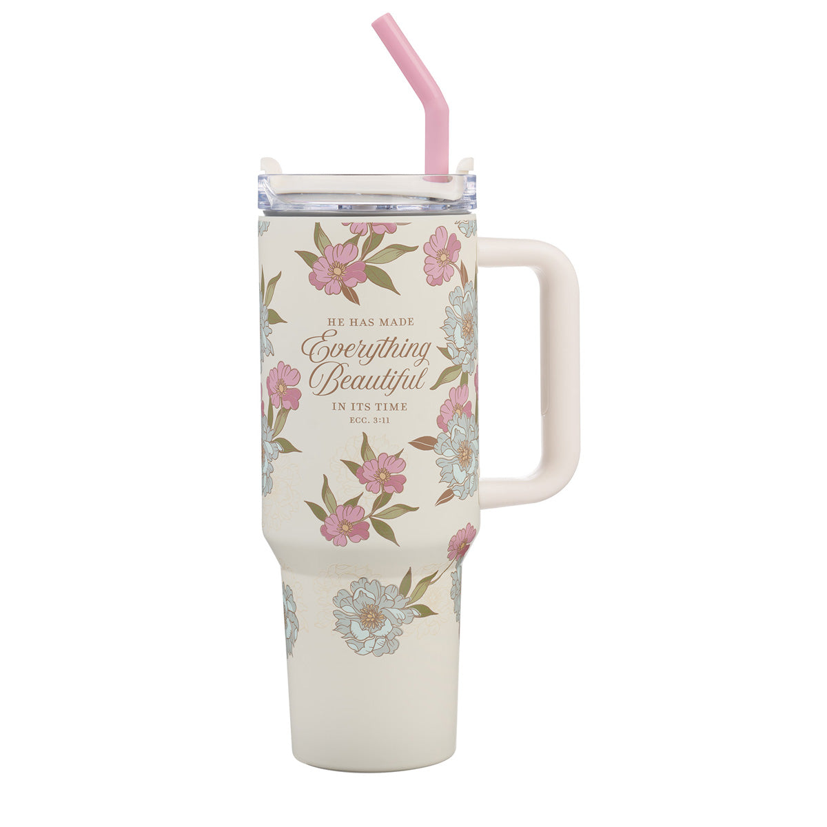 He Has Made Everything Beautiful Ivory Large Stainless Steel Mug with Handle and Straw