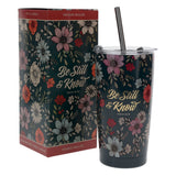 Be Still and Know Teal Floral Stainless Steel Travel Mug with Straw