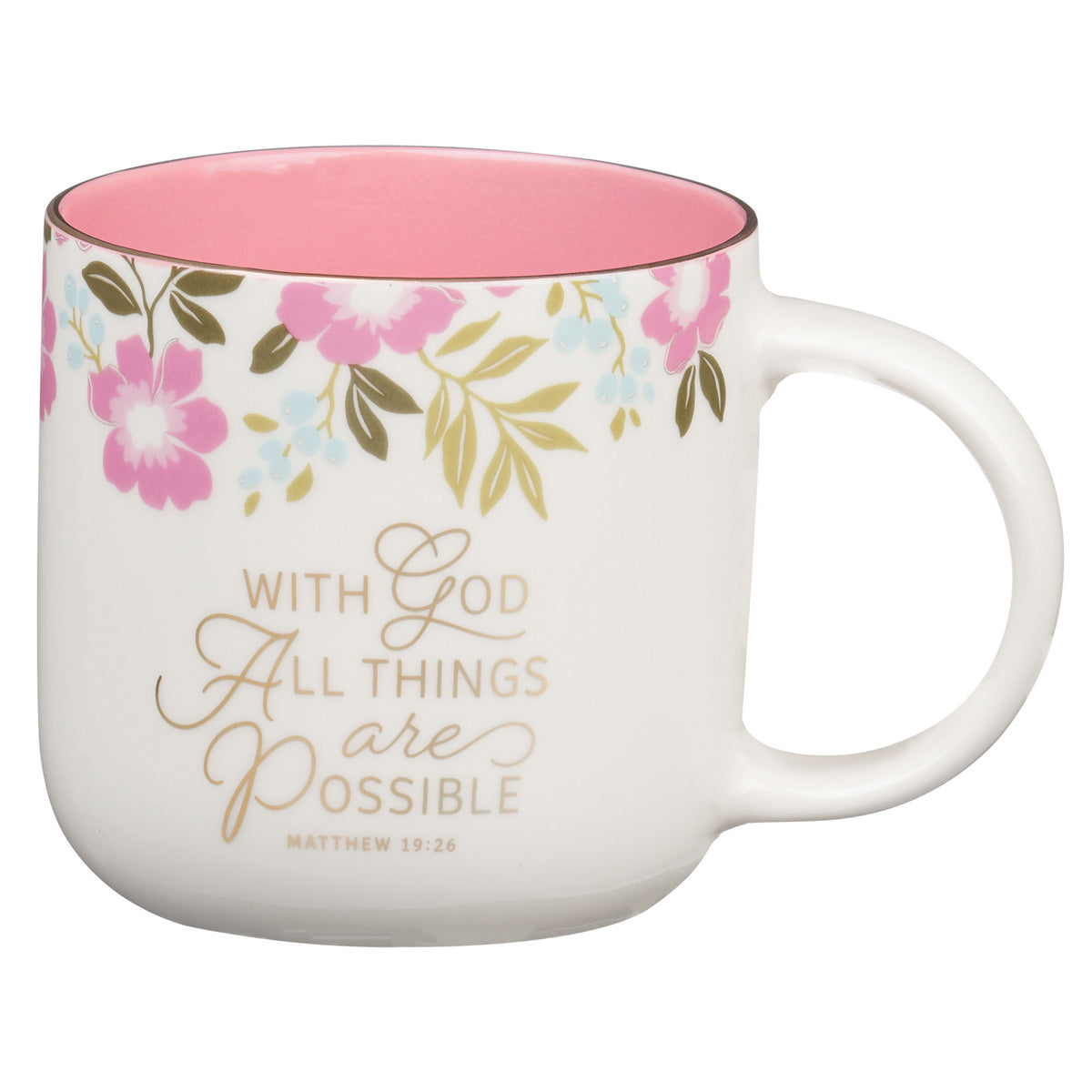 With God All Things Are Possible Floral Ceramic Mug with Pink Interior