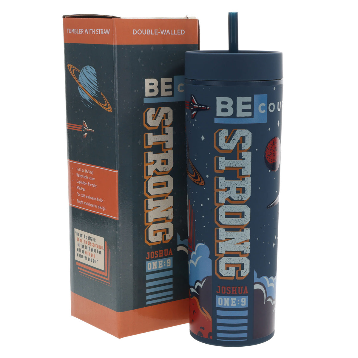 Strong and Courageous Navy Blue Plastic Travel Tumbler with Straw