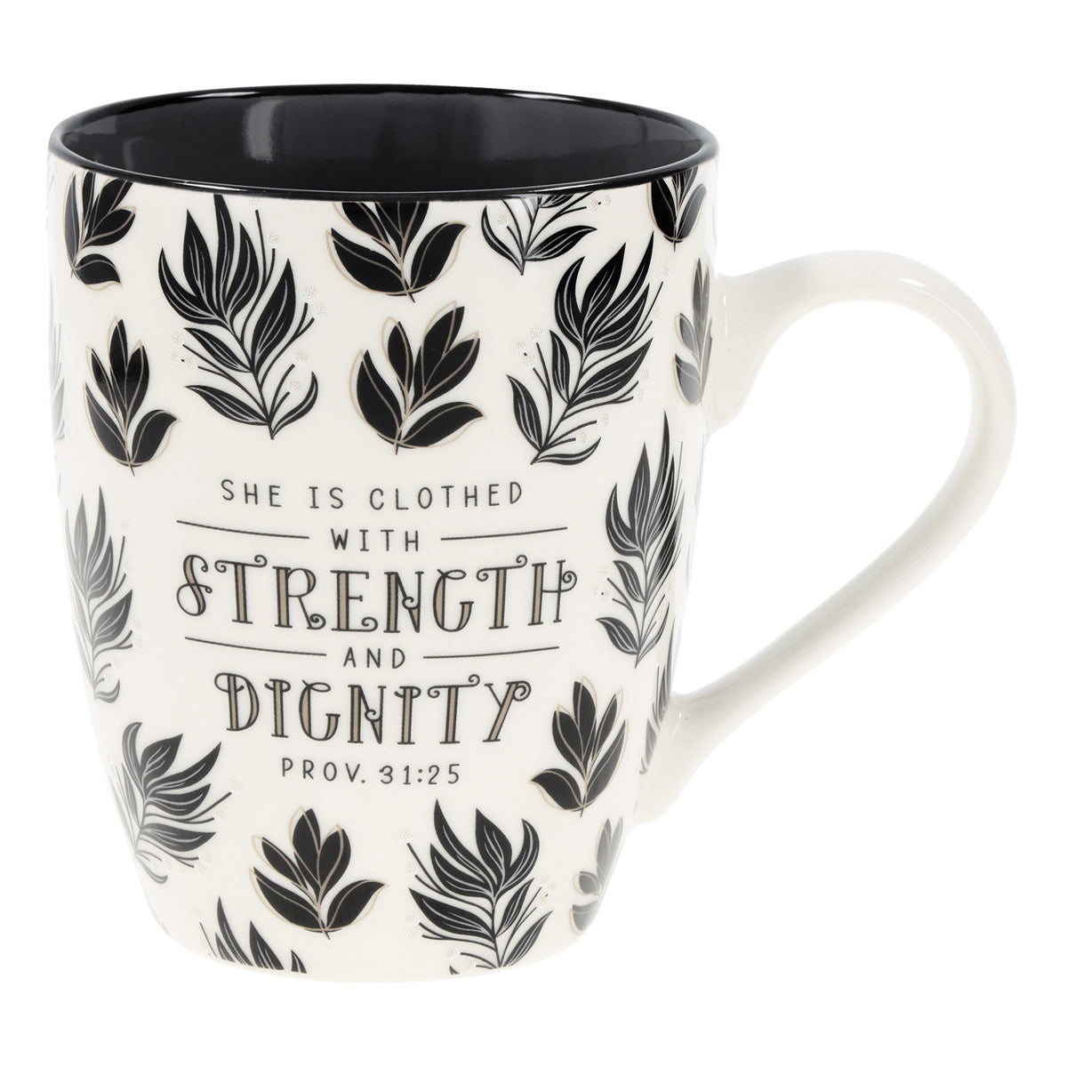 She Is Clothed with Strength and Dignity Ceramic Mug with Black Interior