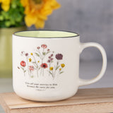 Give All Your Worries to Him Because He Cares for You Floral Ceramic Mug with Green Interior
