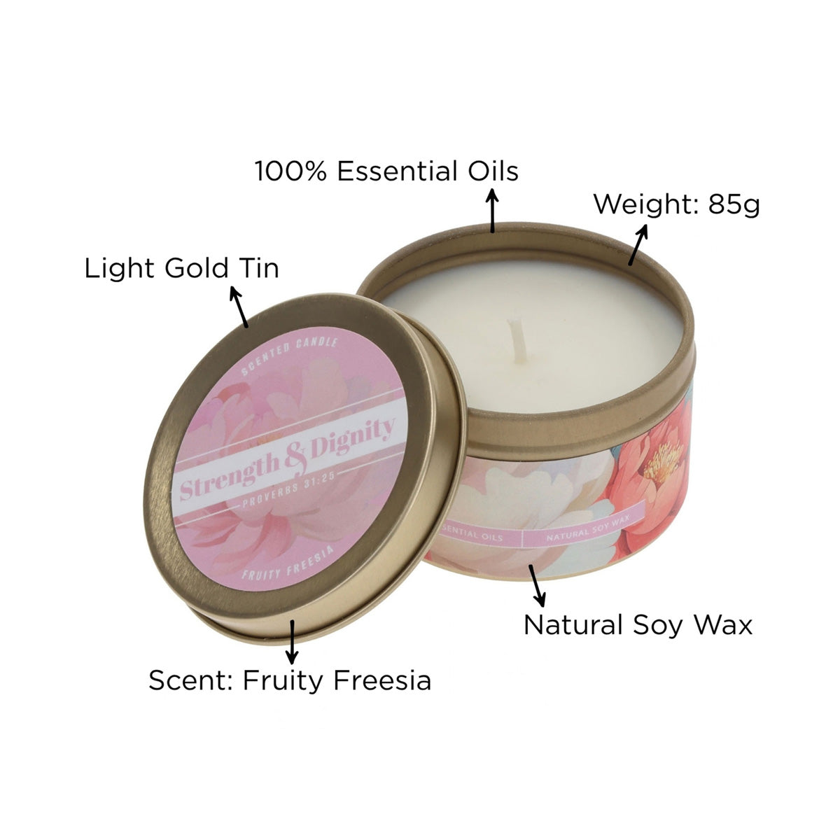 Strength & Dignity Fruity Freesia Scented Candle in Tin