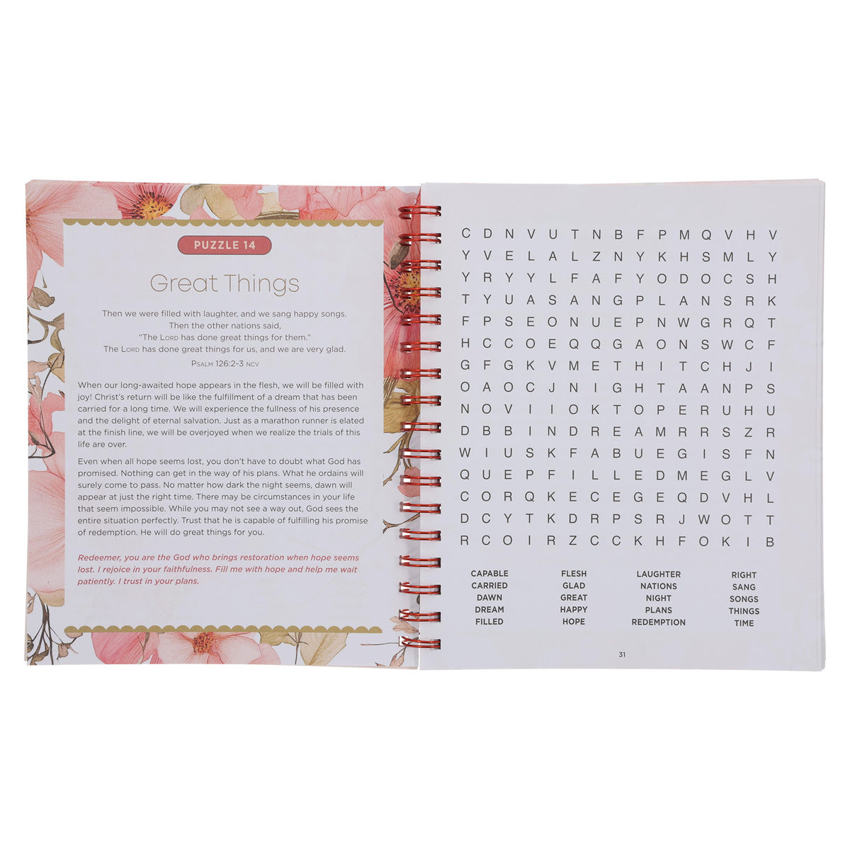 Bible Word Search Devotional: Words to Warm Your Heart Large Print (Spiral-Bound)