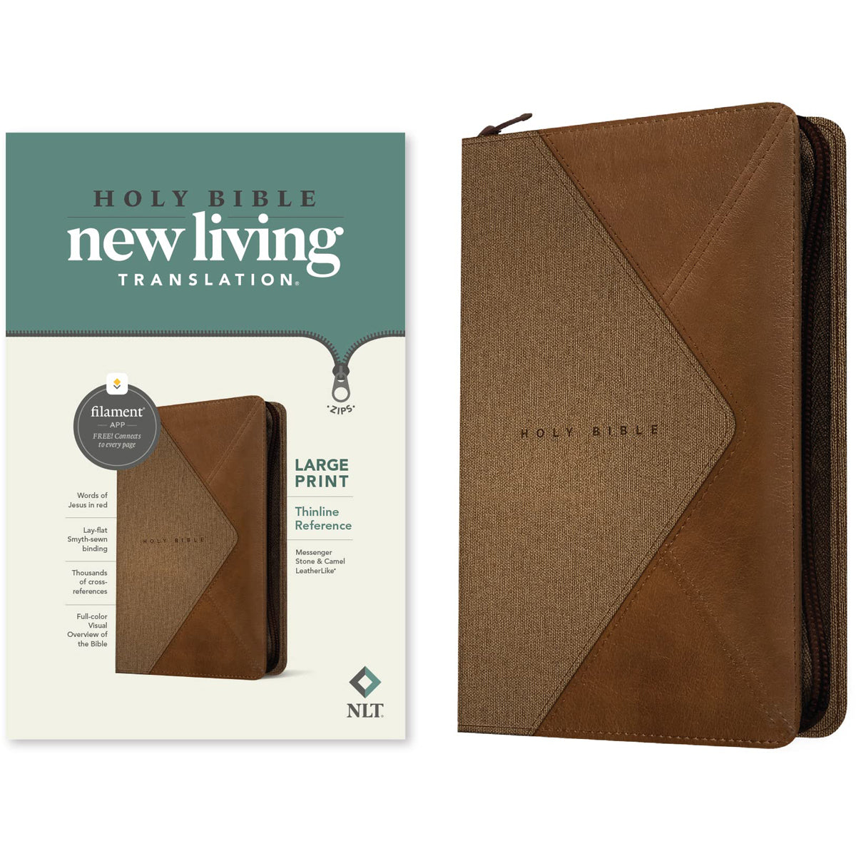 NLT Filament Thinline Reference Bible, Large Print, Stone & Camel With Zip (Imitation Leather)