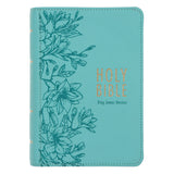 KJV Aqua Floral Genuine Leather Compact Large Print Bible